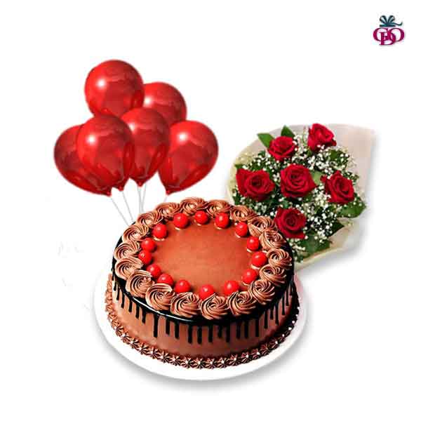 chocolate cake with cherry topping, 6 red rose bouquet, 6 helium balloons