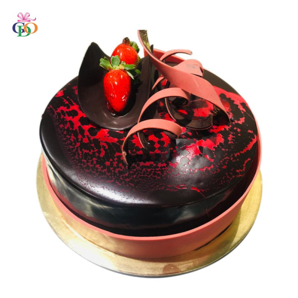 Blood Design Red Chocolate Cream Cake and Strawberries arranged on top: Happy Birthday Chocolate Cake