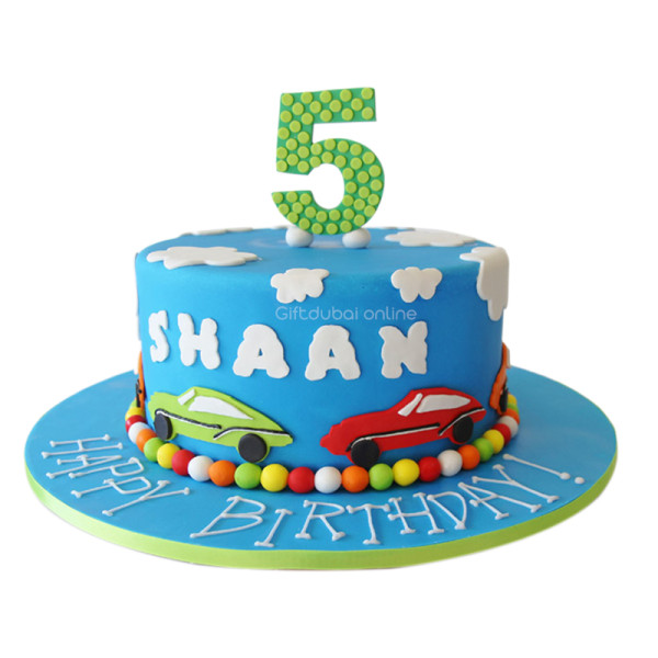  Number 5 birthday cake in blue color with car theme