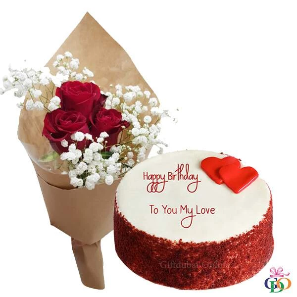 Round Red Velvet Cake, heart design topping,  3 red flowers wrapped with gloden paper : cake and flower delivery