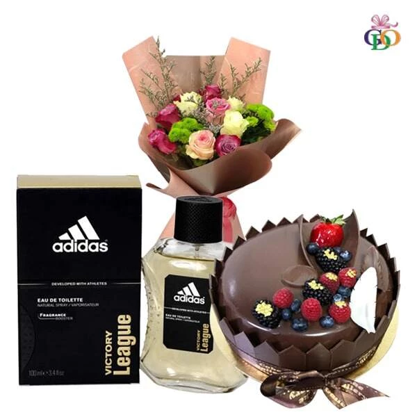 1kg Chocolate Cake Decorated fruit and chocolate arranged on top with fresh flower bouquet and Victory League By Adidas For Men Perfume Combo 