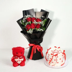 Valentine cute combo with red ribbon cake, 6 red roses bouquet and small teddy