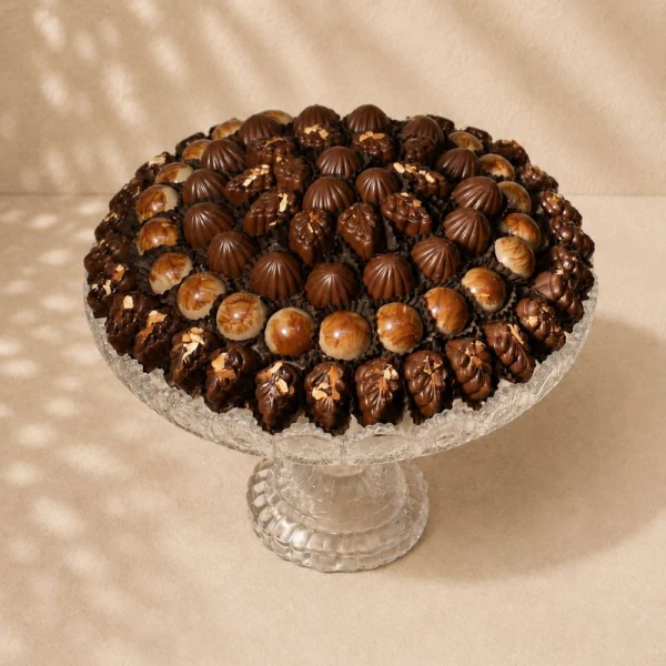 Luxury assorted Belgian chocolate tray with handcrafted premium chocolates in an elegant crystal serving stand for gift delivery in Dubai