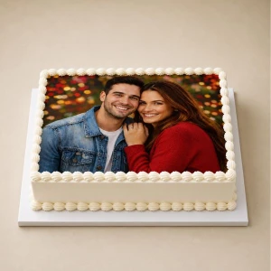Personalized couple photo cake with edible image print for anniversary and romantic celebrations in Dubai