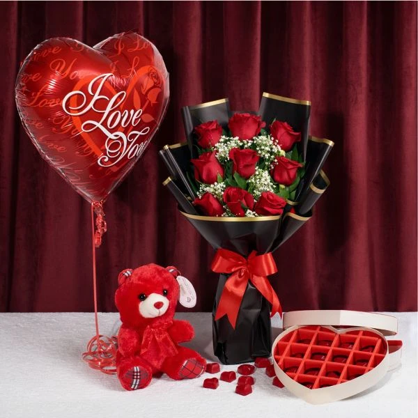 Romantic Red Roses, Teddy & Chocolate Heart Gift Set Romantic Red Roses, Teddy & Chocolate Heart Gift Set