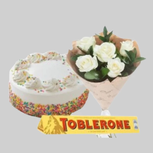 Colourful 1/2kg Vanilla Cream Cake with 5 White Rose Bouquet and 100g Toblerone bar Chocolate Combo
