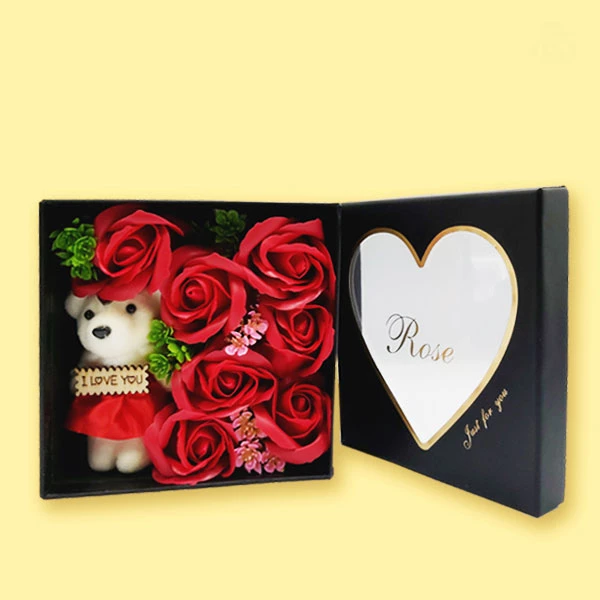Romantic Square Box Beautiful 6 Red Roses and Small Teddy bear