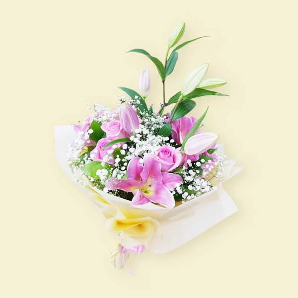 10 Pink roses and 2 Pink Lilies they are covered with yellow color and pink ribbon wrapped 