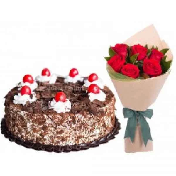 Half Black Forest Combo: black forest cake and red rose flower bouquet designs for birthday