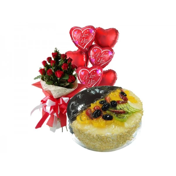 Mixed Fruit Cake Flower Combo: Cake and Flowers