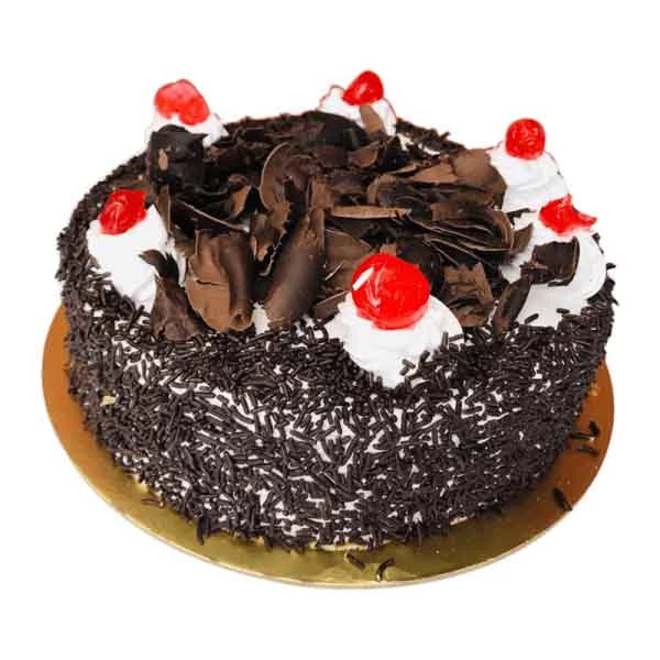 Black Forest cake decorated with white cream and 6 cherries on top: Black Forest Cake Designs for Birthday