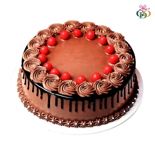 Chocolate Sponge Cake Decorated with Fresh Chocolate Cream and Cherries arranged on top