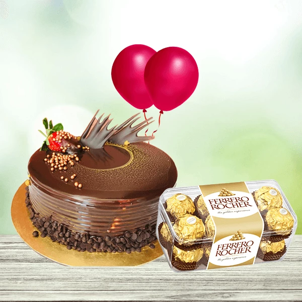 Half kg Chocolate Cake Decorated Cherries and Chocolate arranged on top with 1 Box Ferrero chocolate and 2 HBD Helium balloons