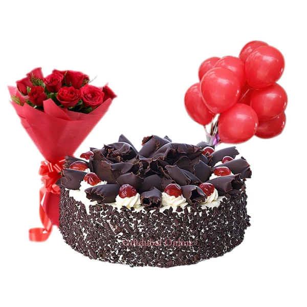 1kg Black Forest Cake and 6 Red Roses Bouquet and 6 Red Balloons Combo