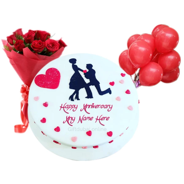 Round Shape Cake Decorated with small heart design pink and red colour  with 6 Red Roses Bouquet and 6 Red Balloons 