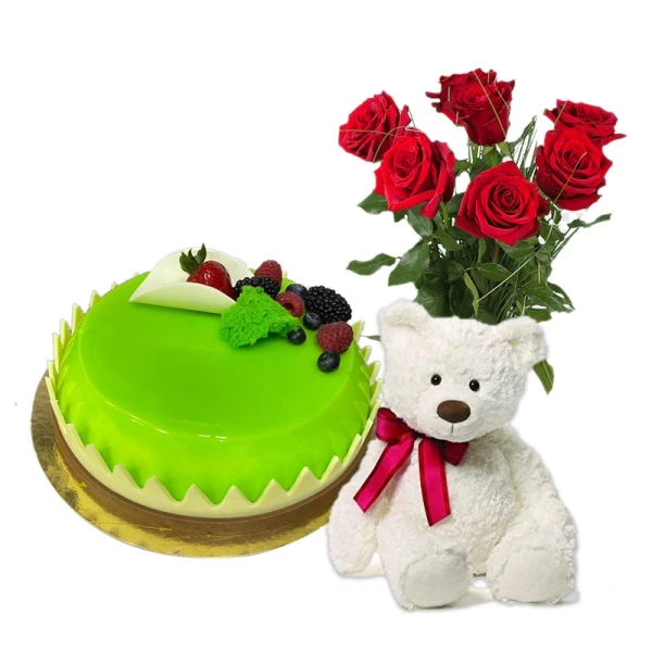 Pistachio flavor fresh cream icing cake with one Small Teddy  and 6 Red roses bouquet combo