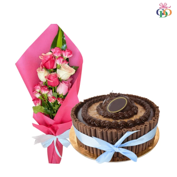Caprice Chocolate Cake Decorated Chocolate sticks wrapped ribbon with mixed colors roses bouquet
