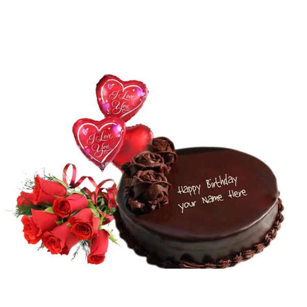1kg Chocolate Cake with 8 Red Roses and 3 Helium Balloons Combo