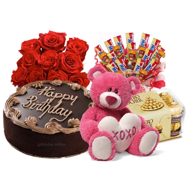 Chocolate Cake with Red Roses Bouquet and Pink Teddy Bears with Ferraro Chocolate Box & Milky Bar Chocolate Combo