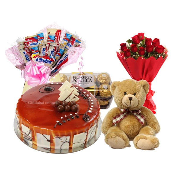 Caramel Farrero combo: cake and flowers same day delivery