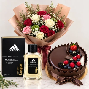 1kg Chocolate Cake Decorated fruit and chocolate arranged on top with fresh flower bouquet and Victory League By Adidas For Men Perfume Combo 