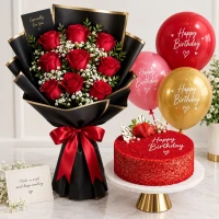 Red Roses Bouquet with Red Velvet Cake and Balloons