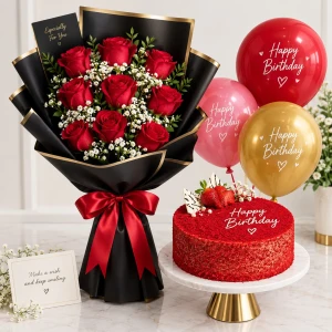 red-roses-bouquet-with-red-velvet-cake-and-balloons