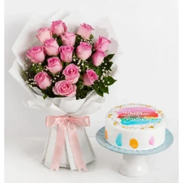 Pink Roses Bouquet with Rainbow Birthday Cake Combo