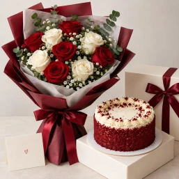 Red & White Roses Bouquet with Red Velvet Cake Combo