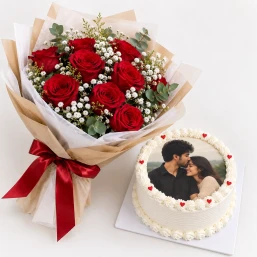 8 Red Roses Bouquet with Personalized Photo Cake Combo