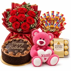 Chocolate Cake with Red Roses Bouquet and Pink Teddy Bears with Ferraro Chocolate Box & Milky Bar Chocolate Combo