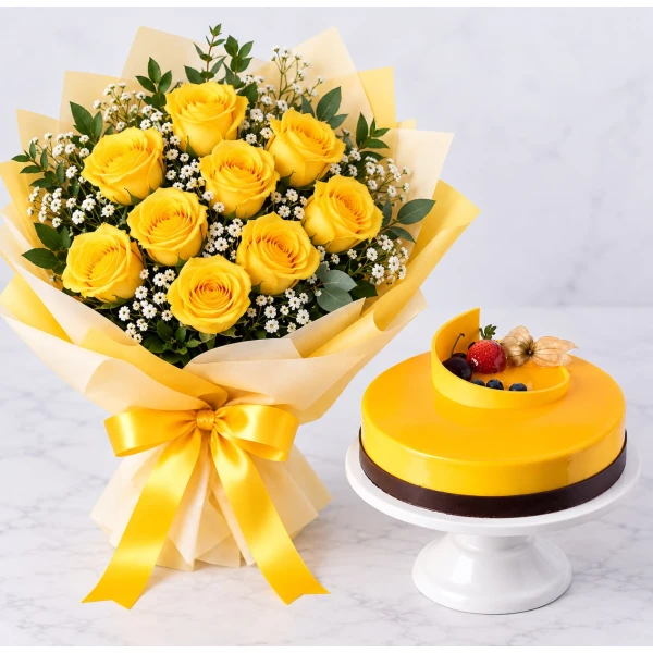 Sunshine yellow Combo yellow-roses-bouquet-mango-cake-combo-dubai