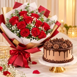 10 Red Roses Bouquet with Chocolate Drip Cake