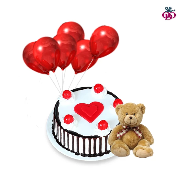 Vanilla Chocolate Mix Flavour Cake with 6 red balloons and small teddy bear combo